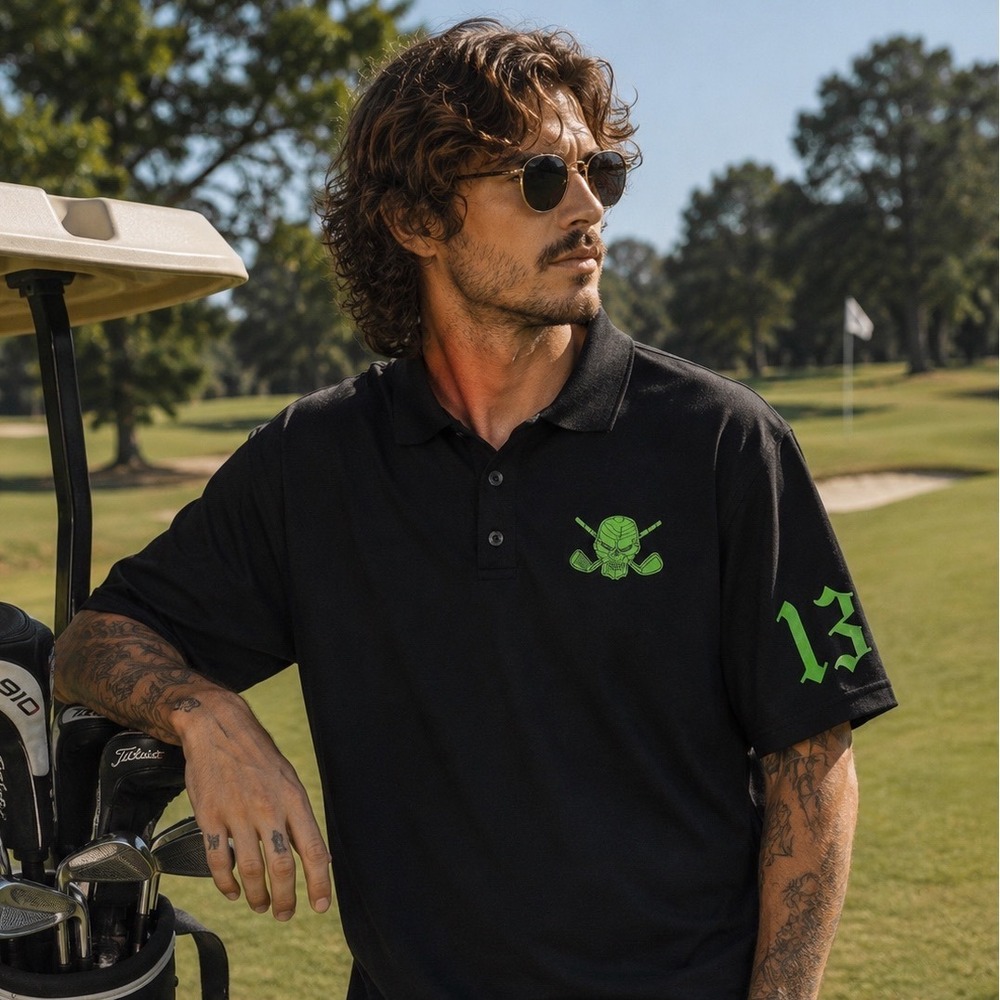 Tattoo Golf Shirt Mens XL Black Polo Skull 13 Cross Bone Clubs Golf Wear